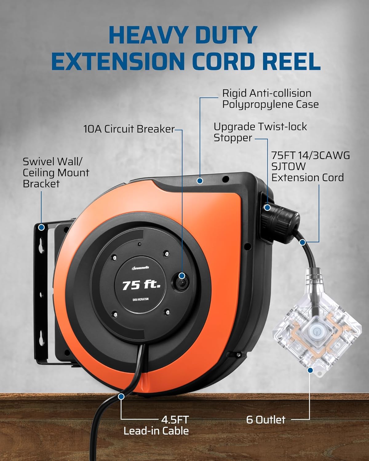 DEWENWILS 75 FT Retractable Extension Cord Reel with 6 Grounded Outlets, 14/3C SJTOW Heavy Duty Power Cord with New Twist-Lock Stopper, 10A Circuit Breaker, ETL Listed