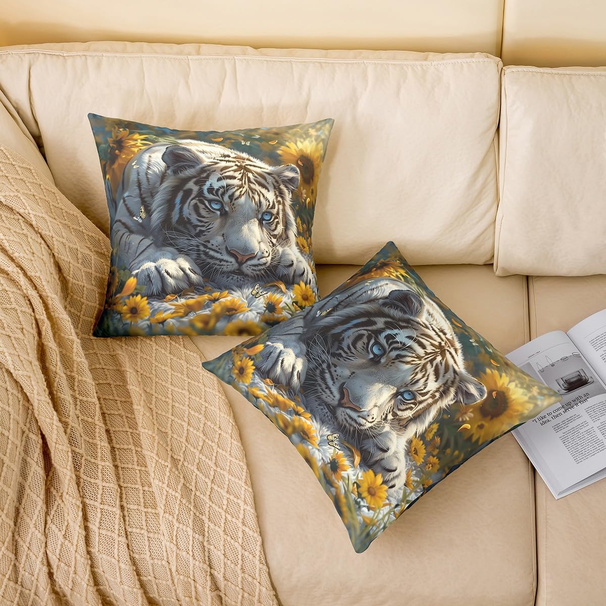 Kawaii Tiger Pillow Cover for Couch Sofa Bed,Rustic Sunflowers Jungle Wildlife Animals Pillow Case Cushion Cover 24"x24" for Kids Adults,Tiger Skin Stripes Safari Animals Square Cushion Case Set