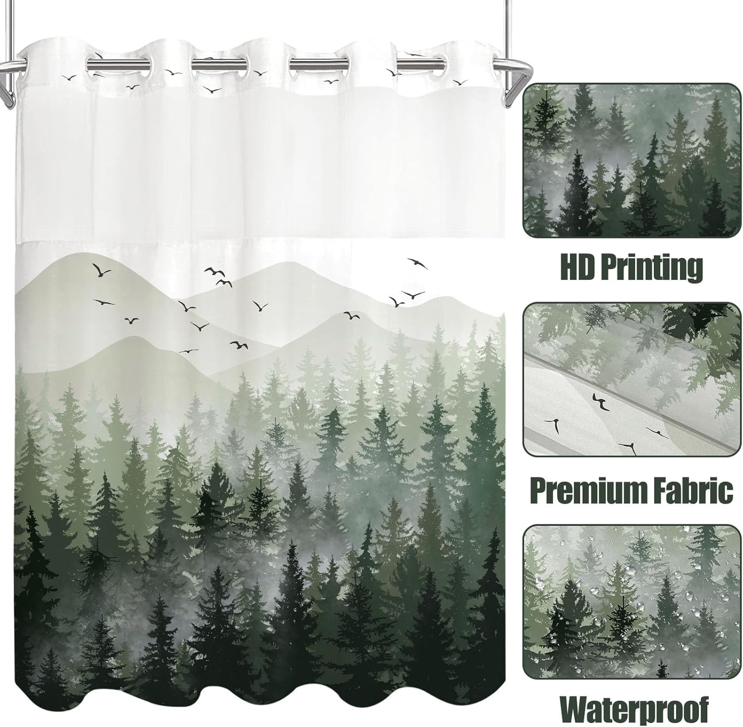 Accnicc No Hook Shower Curtain with Snap in Liner Sage Green Misty Forest Hookless Shower Curtains for Bathroom Foggy Nature Pine Tree Mountain Woodland Waterproof Fabric Bath Curtain Decor 71×74In