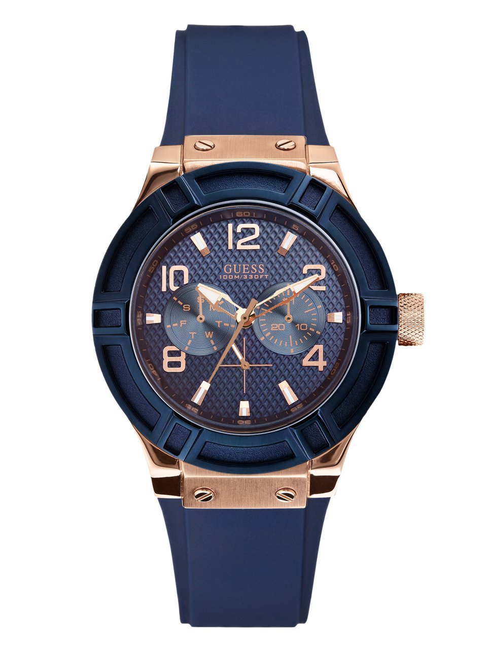 GUESS Women's Rose Gold-Tone Dial with Iconic Blue Stain Resistant Silicone Strap (Model: U0571L1)