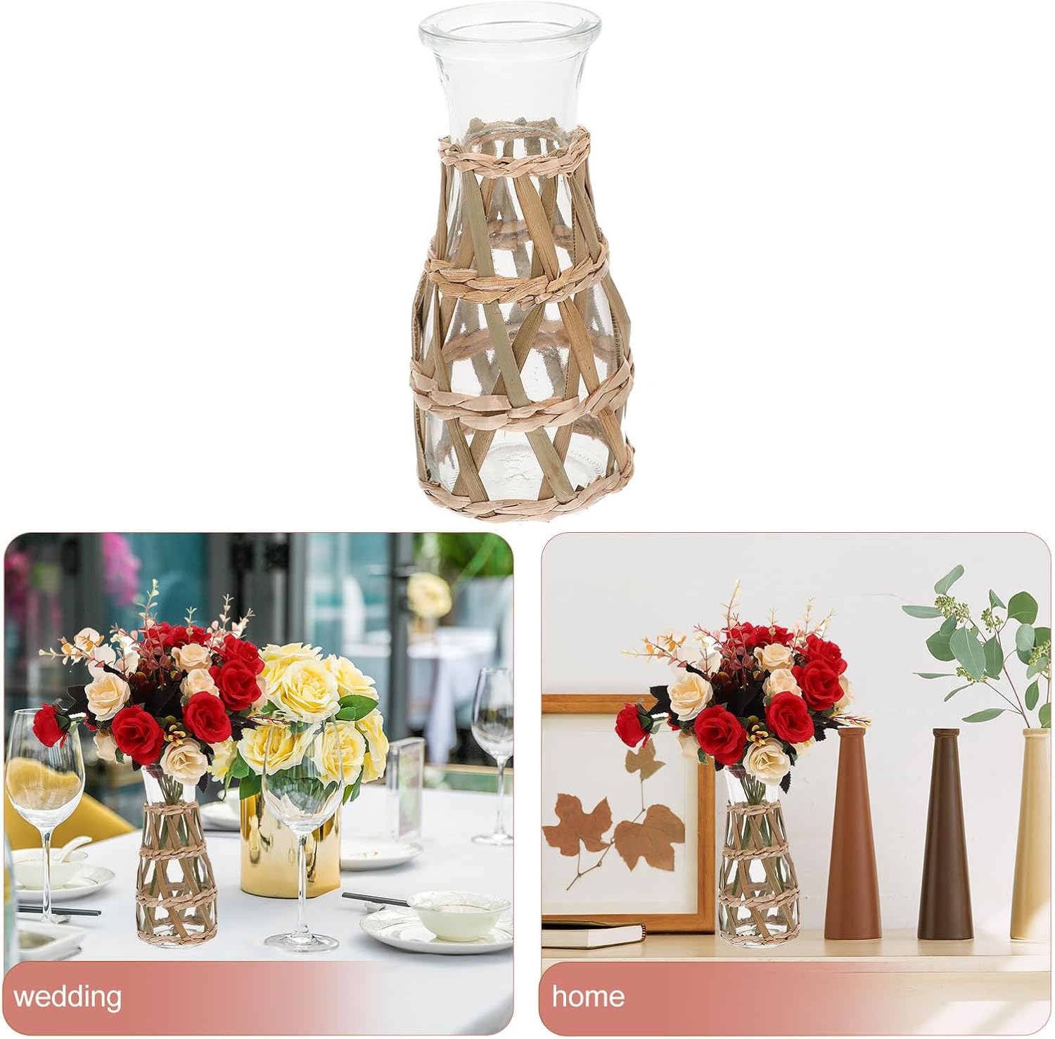 Rustic Woven Glass Vase 6.69In Clear Flower Vase with Straw Wrap Farmhouse Table Centerpiece for Fresh and Dried Flowers - Image 5