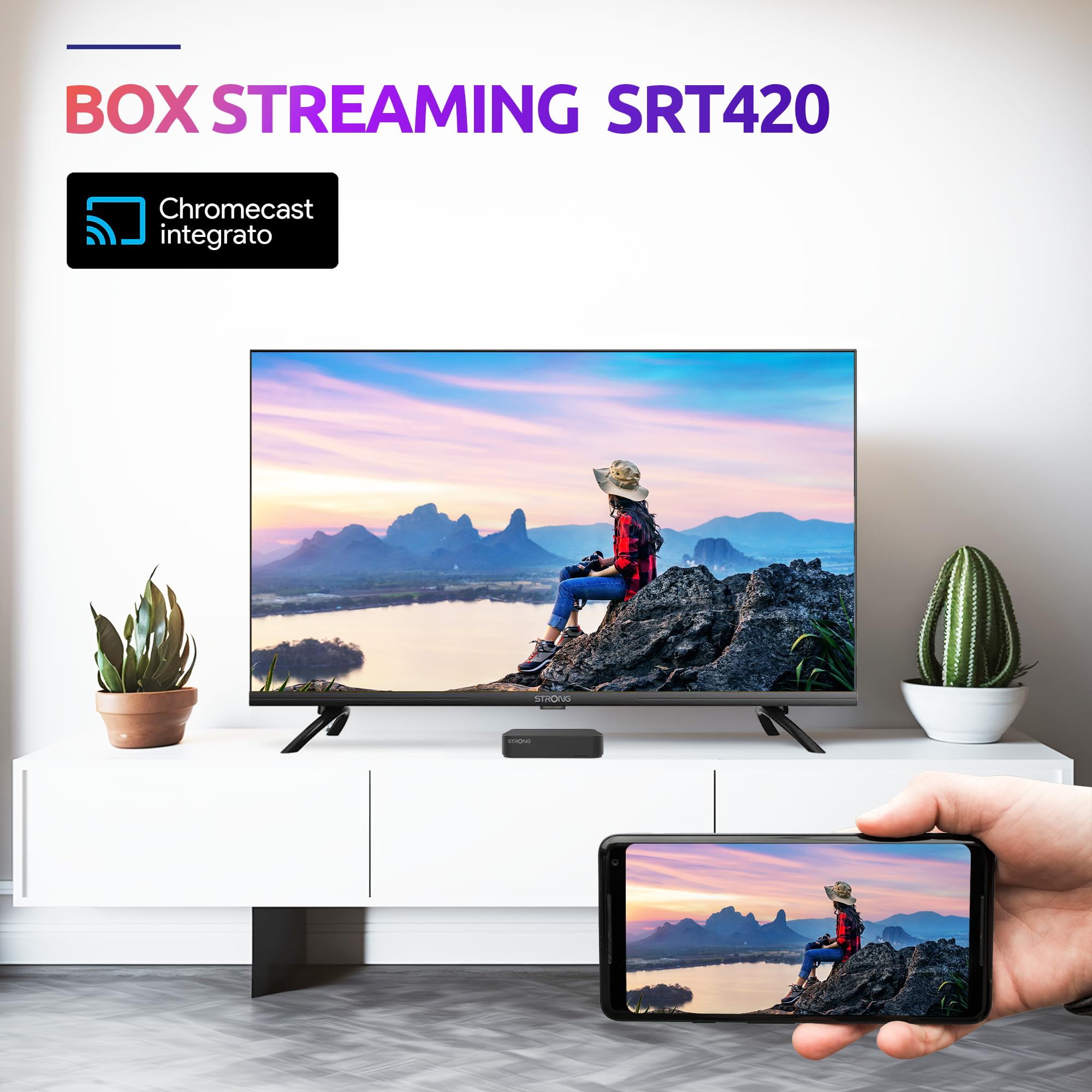 STRONG SRT420 TV Box Android TV 4K Con Porta Ethernet, DVB-T2, 2GB RAM + 16GB Memoria, Chromecast Integrato, WiFi, Assistente Vocale Google, HDR10+, Dolby Audio & Dolby Vision
