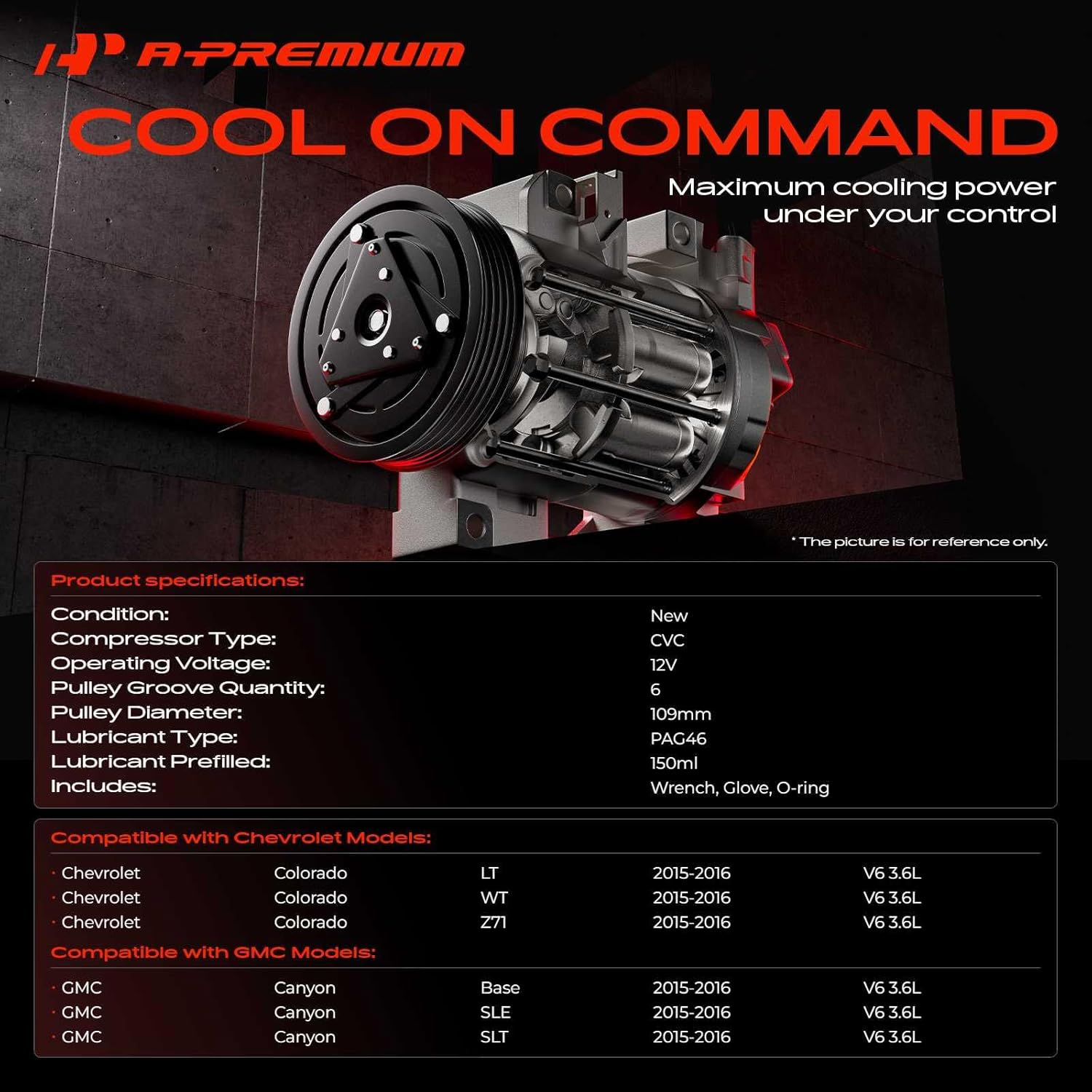 A-Premium Air Conditioner AC Compressor with Clutch Compatible with Chevrolet Colorado 2015-2016 3.6L & GMC Canyon 2015-2016 3.6L