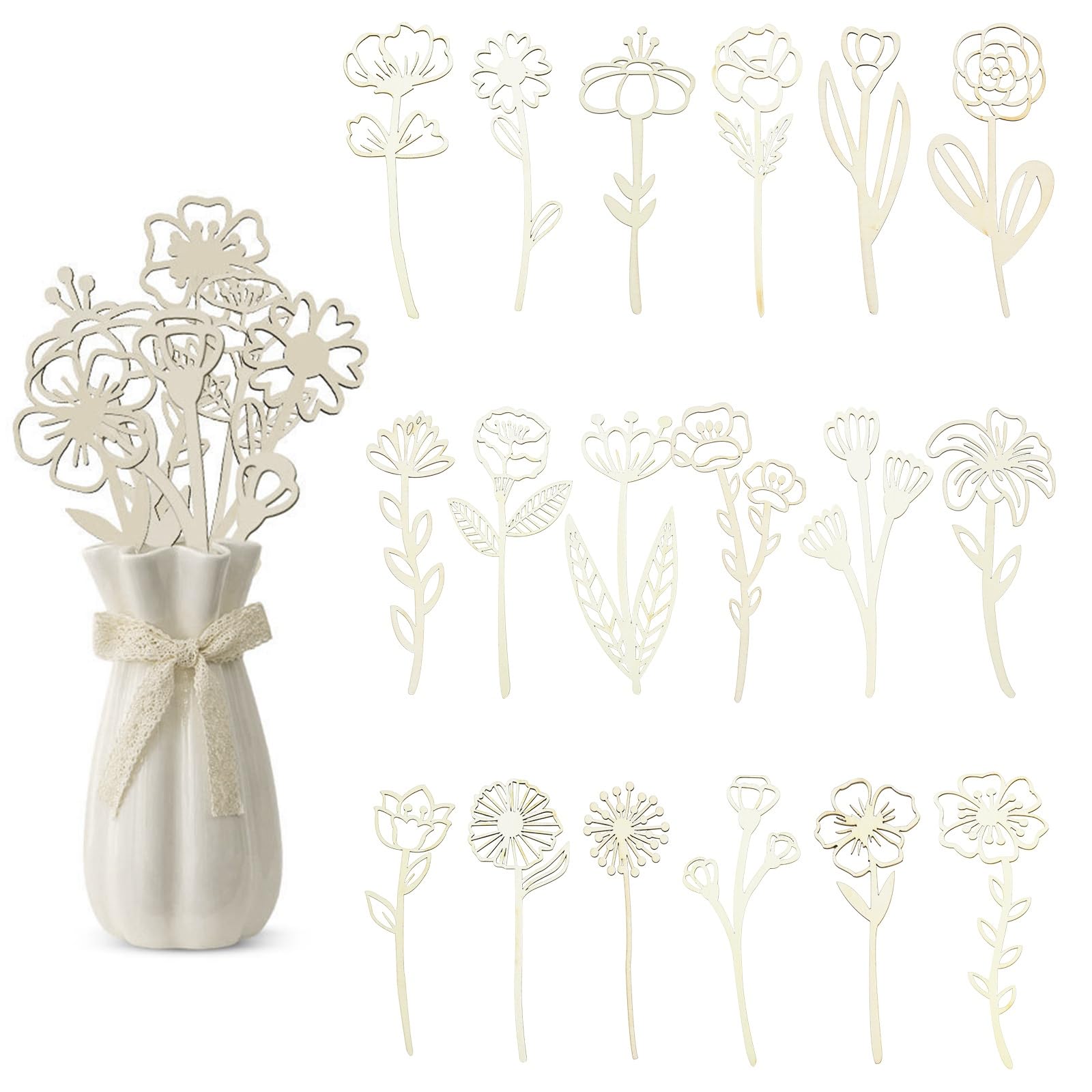 Stiesy 18Pcs Unfinished Wildflower Wood Crafts to Paint, Spring Hollow Vase Display Decor, Stems Laser Cut Flowers Wood Cutout for Birthday Holiday Art DIY Decor, 6 Styles โ image 1