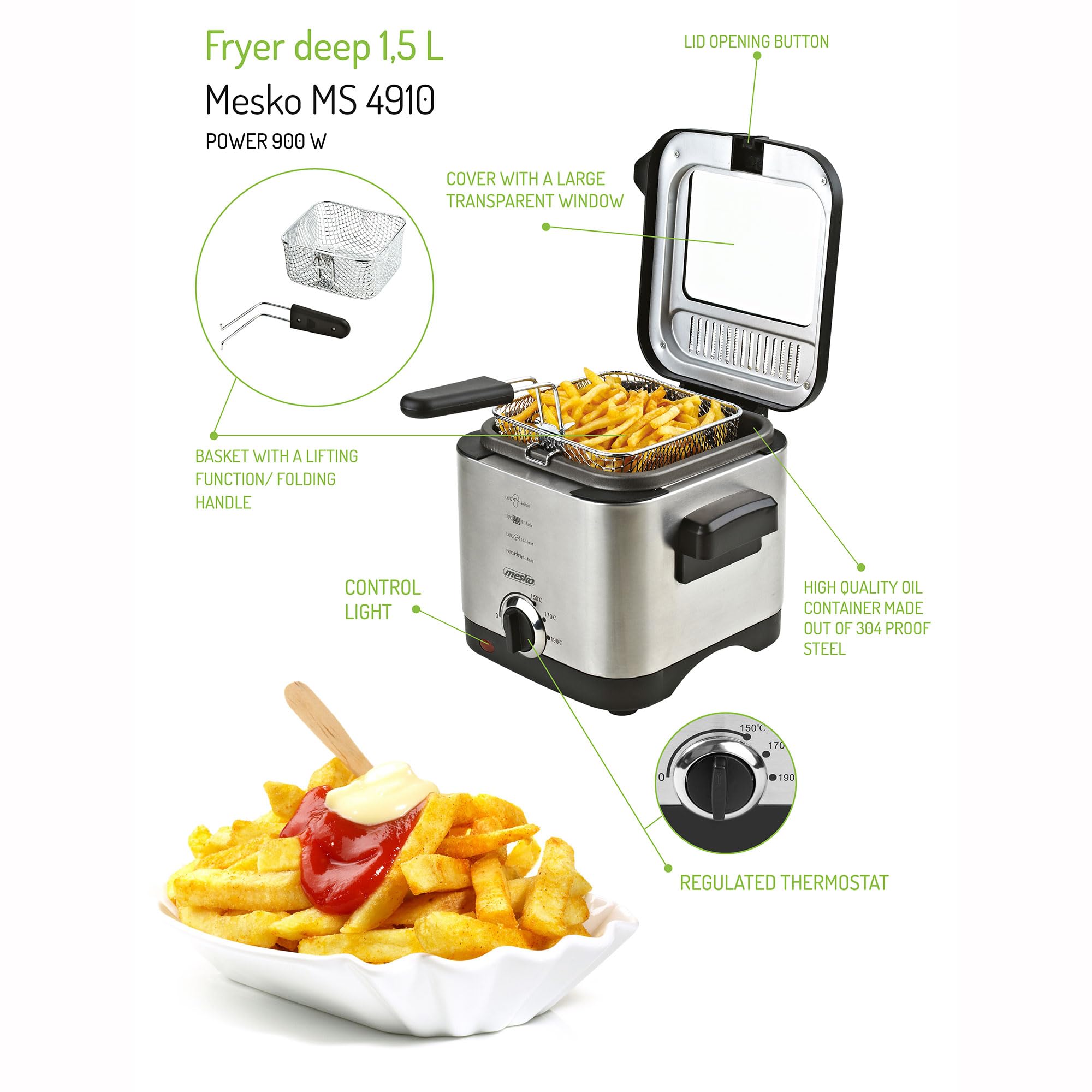 Mesko MS4910 Friteuse mit Öl 1,5 Liter Fett, Elektrische, Klein, Regelbares Thermostat, Antihaft-Ölbehälter, Geruchsfilter 900W, Edelstahl