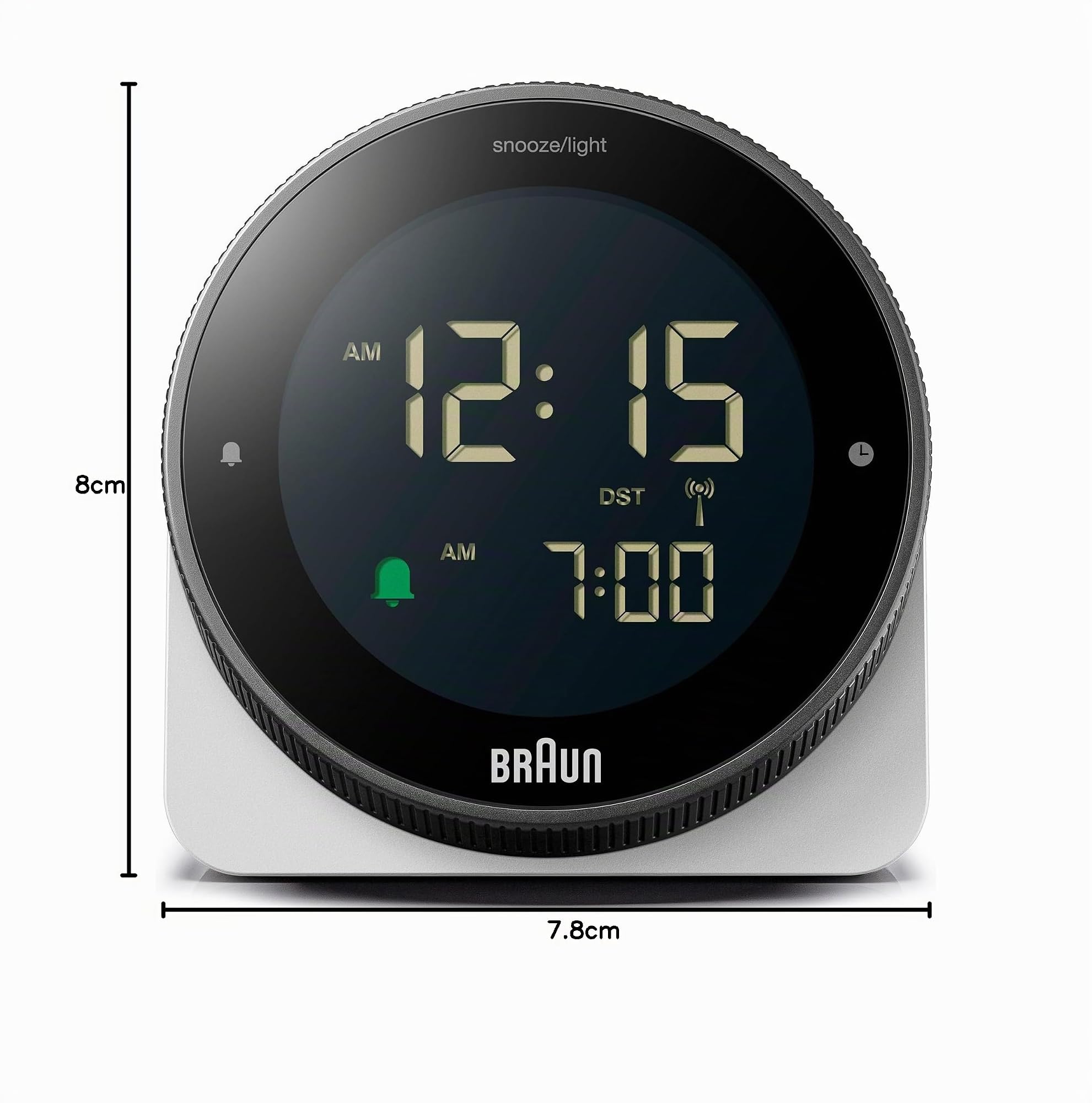 Braun digitaler Funkwecker für die mitteleuropäische Zeitzone (DCF) mit Schlummerfunktion, umgekehrtem LCD-Display, drehbarer Lünette für schnelle Zeiteinstellung, Piepton-Alarm in Weiß, BC24W-DCF