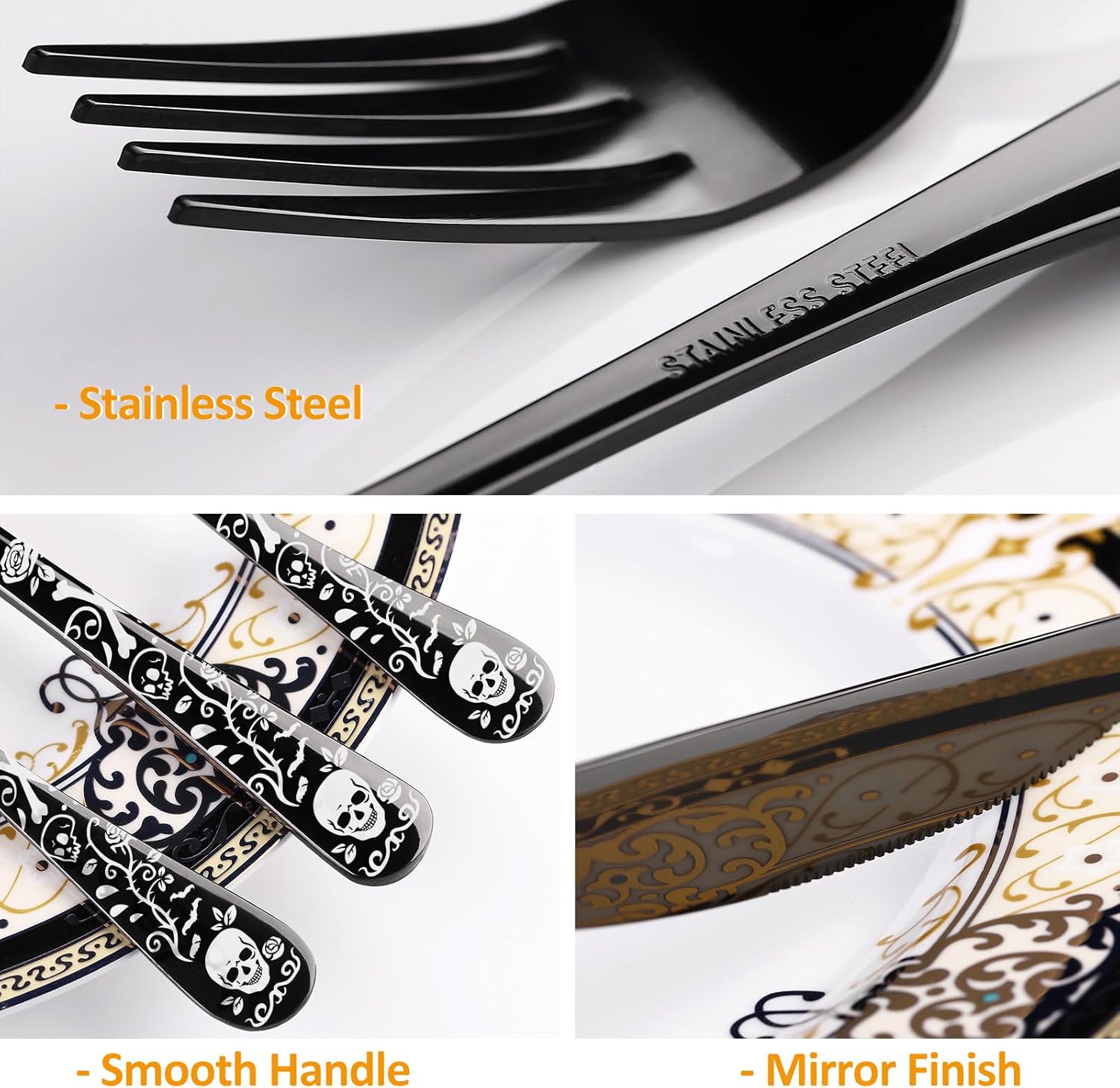 40-Piece Black Skull Silverware Set for 8, Flatware Set Stainless Steel Spoons,Forks,Knife Pattern Unique Design Utensil Sets Tableware Cutlery, Mirror Polished,Dishwasher Safe Decorative Party Suppl