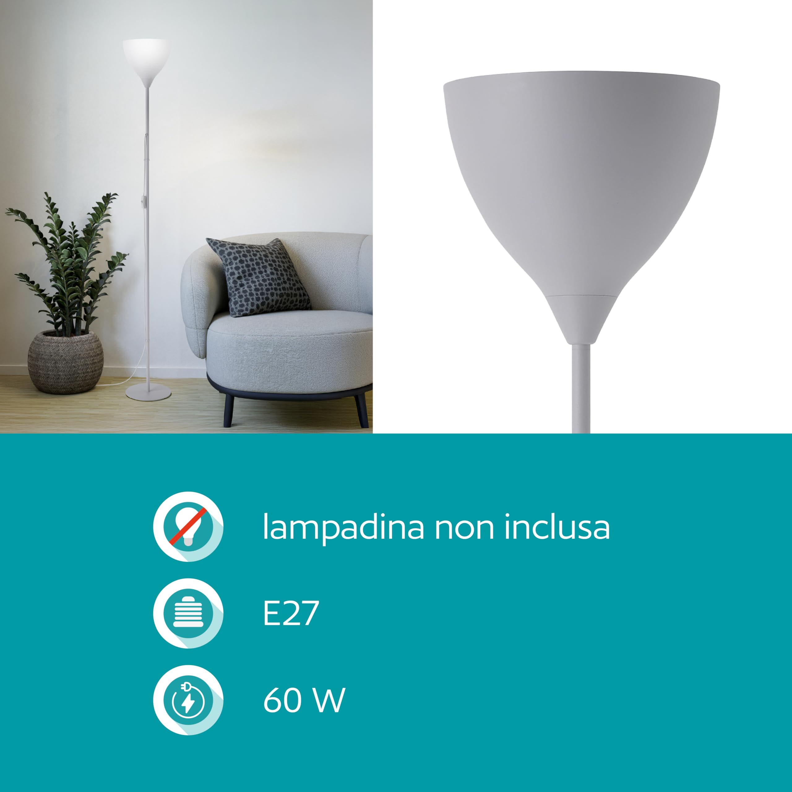 Eglo Vilastrosi-E - Lampada da terra per soggiorno, illuminazione indiretta, piantana in plastica e acciaio, colore argento, attacco E27