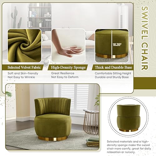 Miniatura 3 de Silla giratoria de terciopelo, moderna silla decorativa tapizada, silla redonda giratoria de 360 con base de metal dorado, cómoda silla de brazo