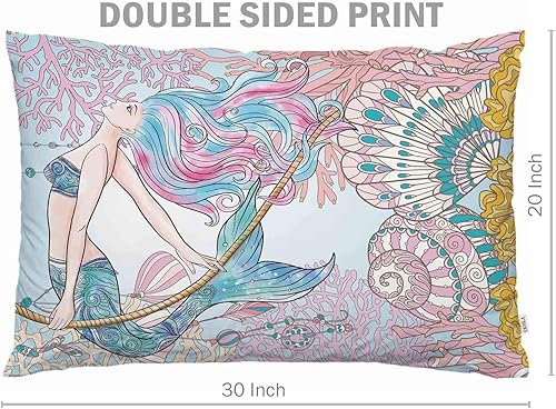 Miniatura 7 de EKOBLA Funda de almohada estilo mediterráneo, diseño de sirena, océano, animales náuticos, playa, algas, conchas marinas, decoración lumbar, funda