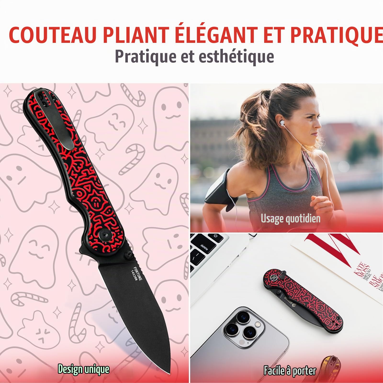 NedFoss FORTUNE couteau pliant, 14C28N acier couteau survie, Longueur lame 7.5 cm, revêtement titane bleu, manche g10 avec clip ceinture, mini couteau de poche