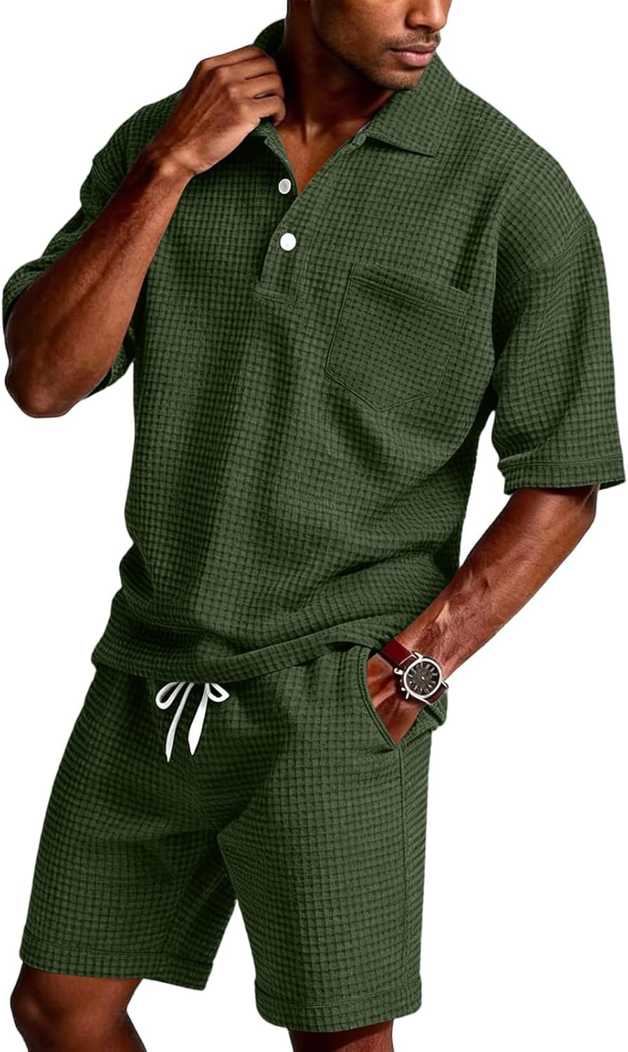 Cambkatl Men's Waffle Summer 2 Piece Outfits, Lapel Short Sleeve Pullovers Golf T-Shirts & Shorts Tracksuit Sets with Pockets
