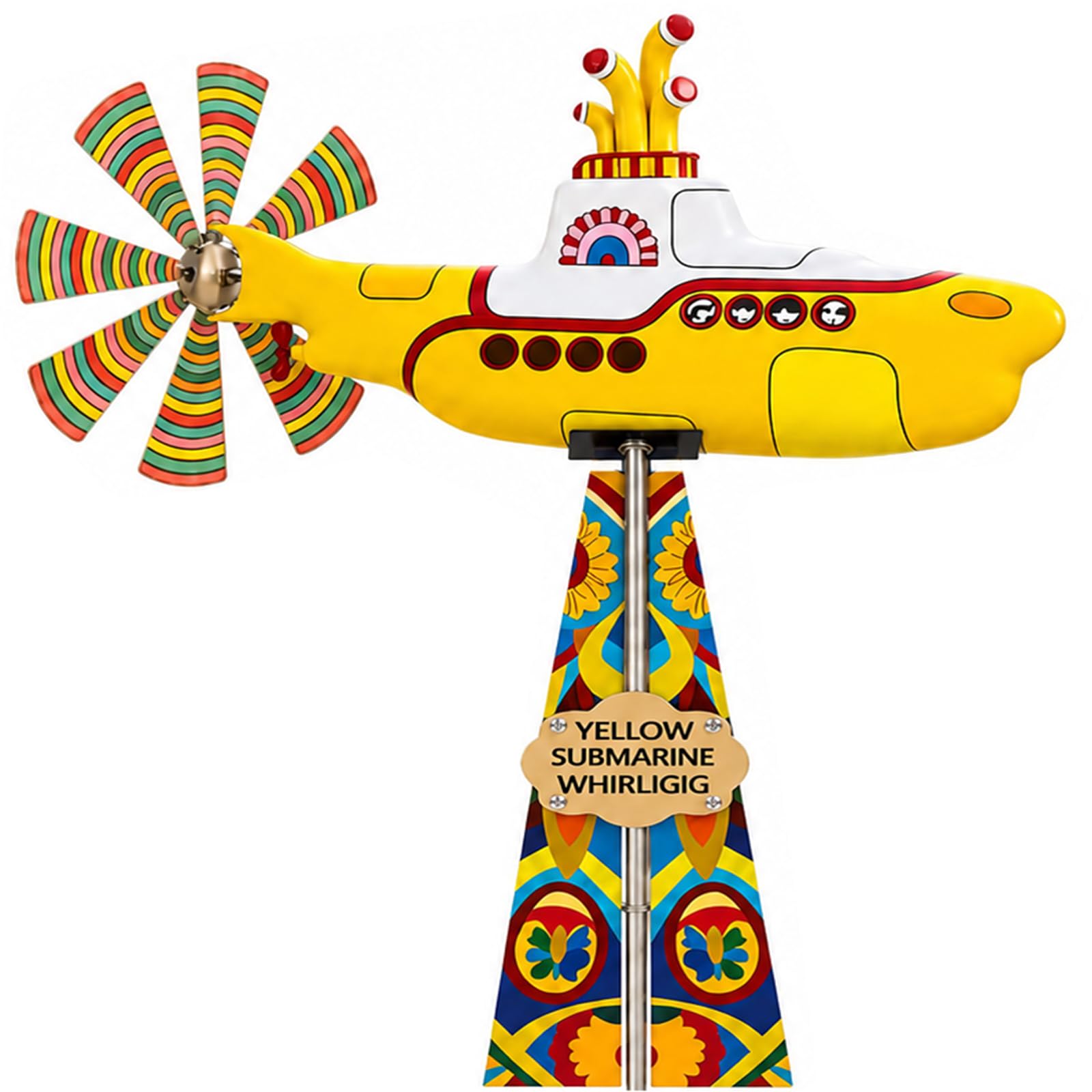 Yellow Submarine Wind Spinner, Metal Kinetic Garden Ornament with Stake
