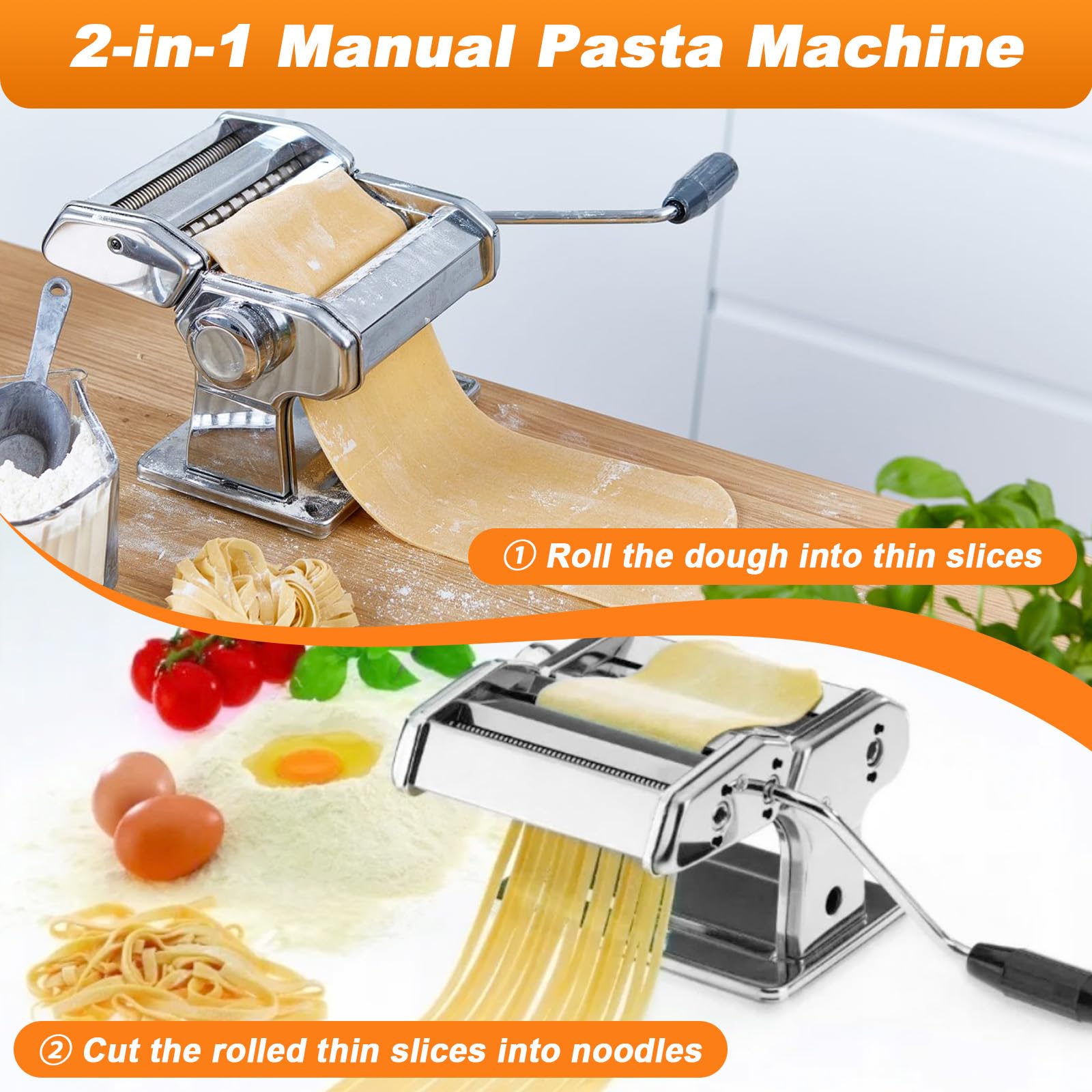 Macchina di pasta manuale, Macchina per La Pasta 2 in 1, 7 impostazioni di spessore regolabile e un rullo lavabile, adatto per noodles freschi fatti in casa, pasta,Lasagne