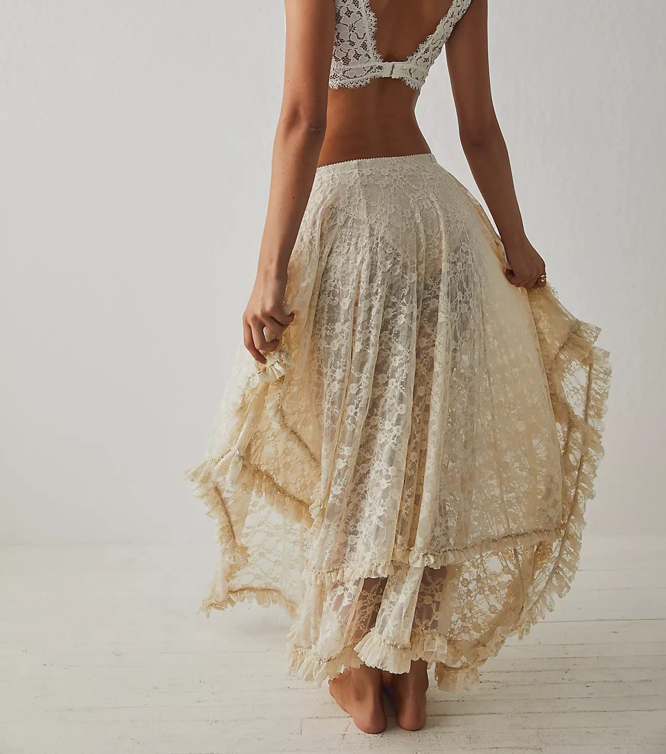 R.Vivimos Femmes d'été bohème Dentelle Beach burket Jupe Longue Semi Transparente Swing Volante irrégulière Ourlet Jupe Longue