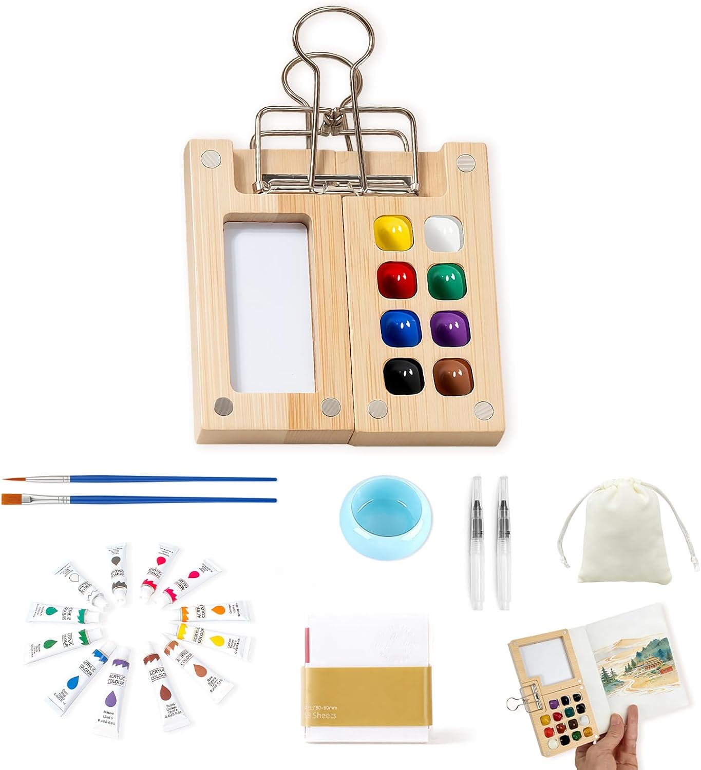 Mini Watercolor Paint Set Bamboo Travel Kit with Watercolor Palette Paintbrush Storage Bag and Water Storage Bottle Ready to Use Watercolor Sets for Artists and Beginners(8 Squares)