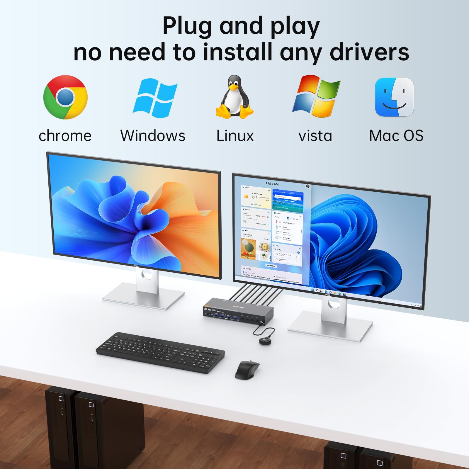 Przełącznik KVM 8K przy 60 Hz, ESKEVE 4K przy 144 Hz HDMI Displayport Przełącznik KVM 4 PC 2 monitory dzielą 2 monitory i 4 urządzenia USB, zasilacz przewodowy i 4 kable USB 3.0 w zestawie