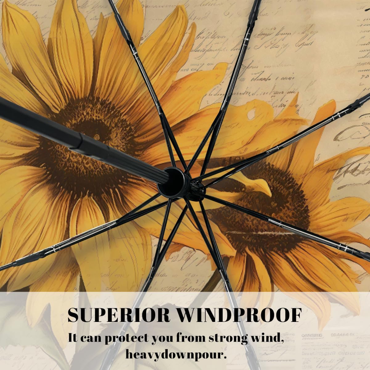 Vintage Style Bee Sunflower Folding Umbrella Windproof Compact Lightweight Travel Umbrella with 8 Reinforced Ribs, Portable UV Sun & Rain Protection for Men & Women