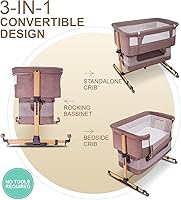 Vista 3 de Cuna para bebé, 3 en 1 Durmiente junto a la cama con colchón y laterales de malla, mosquitera, cesta de almacenamiento, con función de balanceo, 5