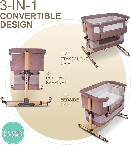 Miniatura 3 de Cuna para bebé, cama 3 en 1 con colchón y laterales de malla, mosquitera, cesta de almacenamiento, con función de balanceo, 5 alturas ajustables,