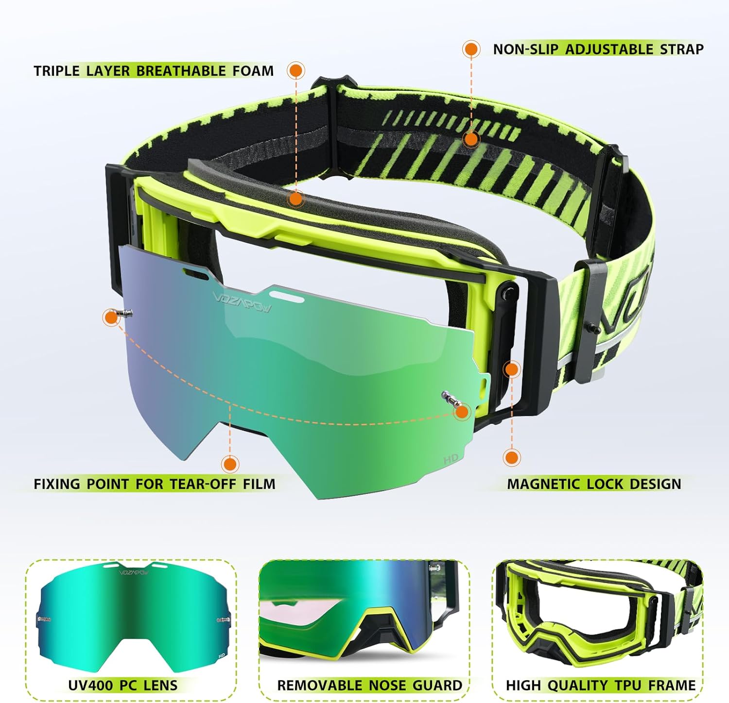 Dirt Bike Goggles Over Glasses Anti-Fog, Motorcycle Protective Eyewear Motocross Goggles for Men Women - Image 7