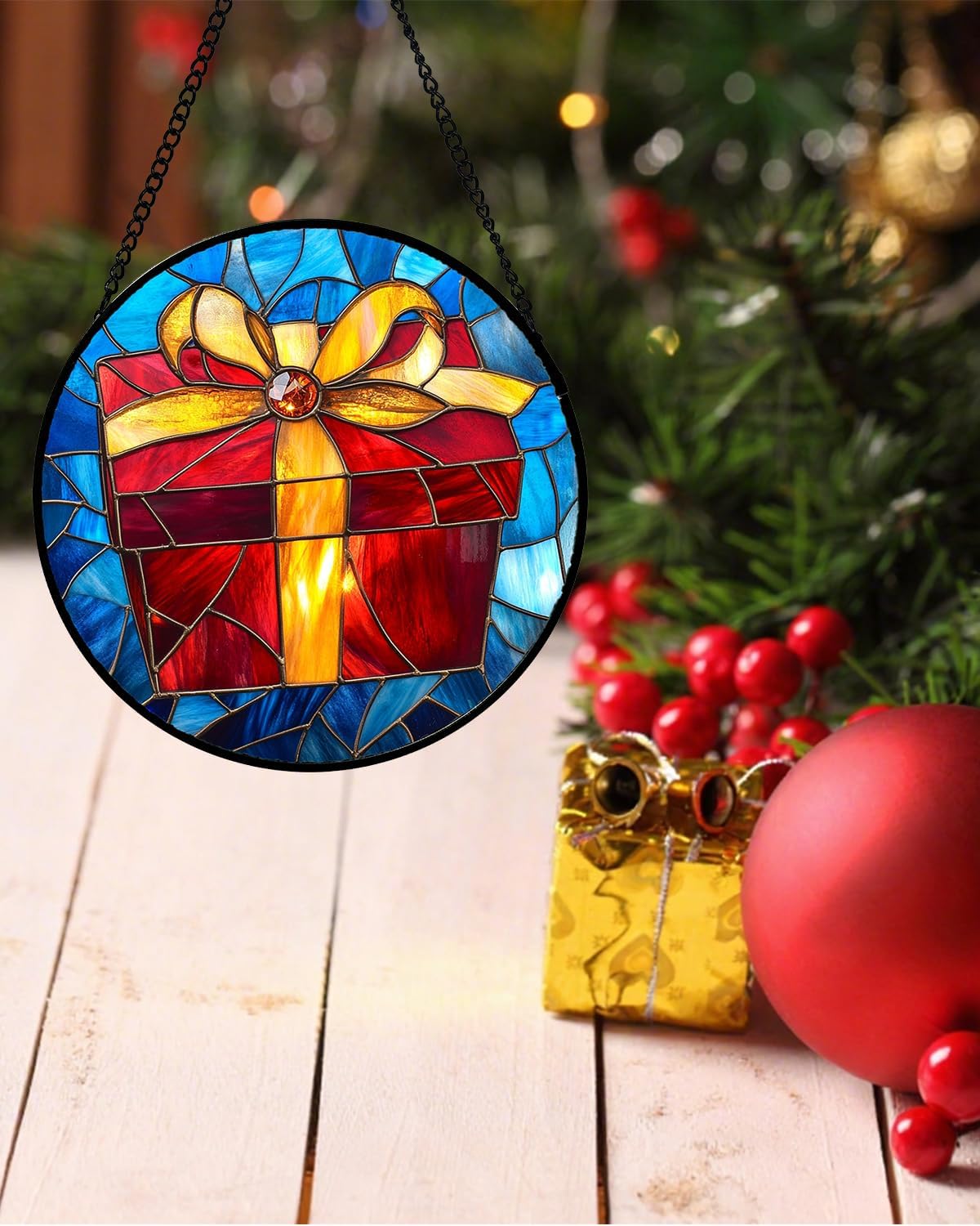 Stained Glass Window Hanging - Gold Red Gift Box Suncatcher for Doors Home Christmas Decoration Sun Catcher Thanksgiving New Year Birthday Gifts for Friend Women Men Mom Nana 9.8 in