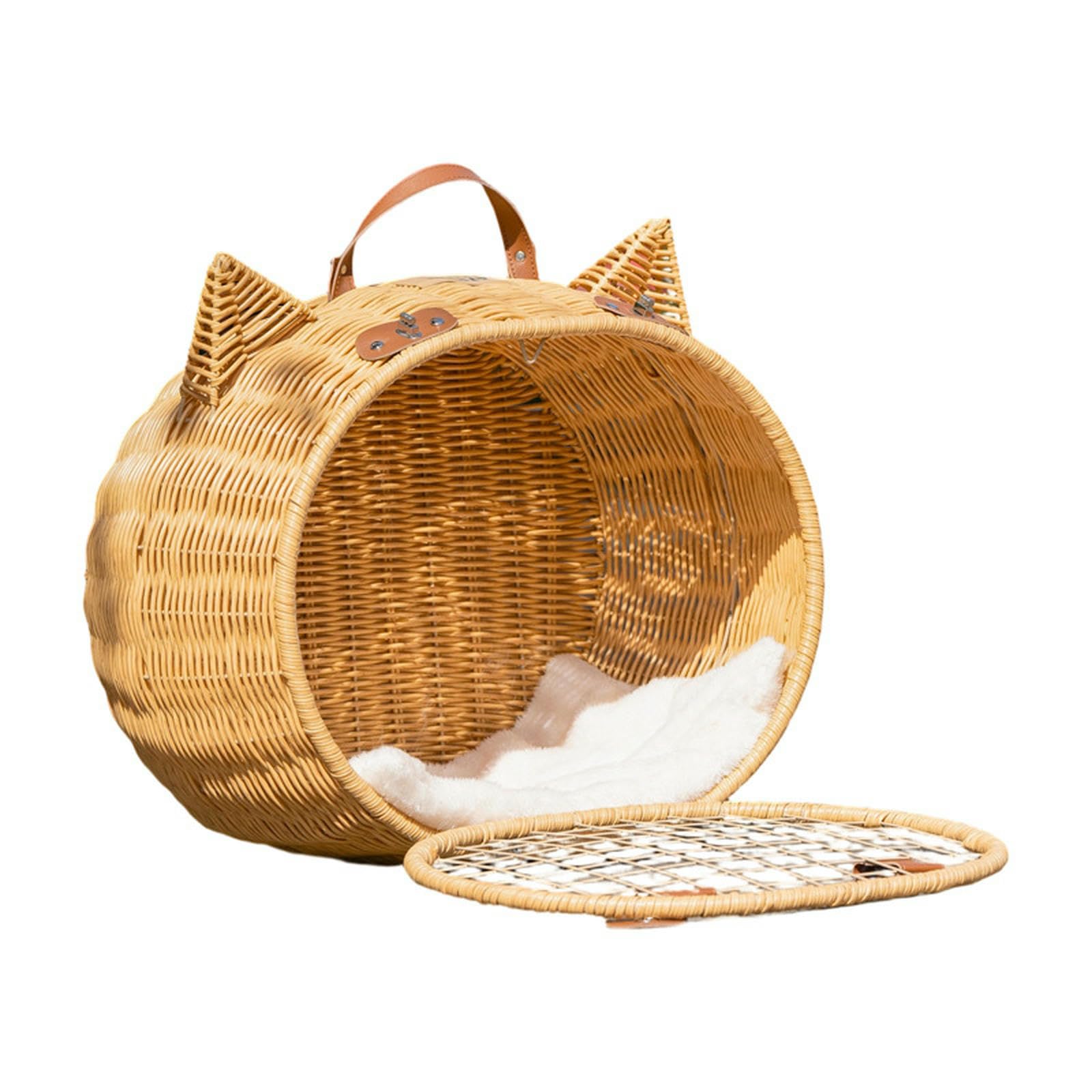 Sac transport chat respirant d'été avec lit intégré en rotin tressé