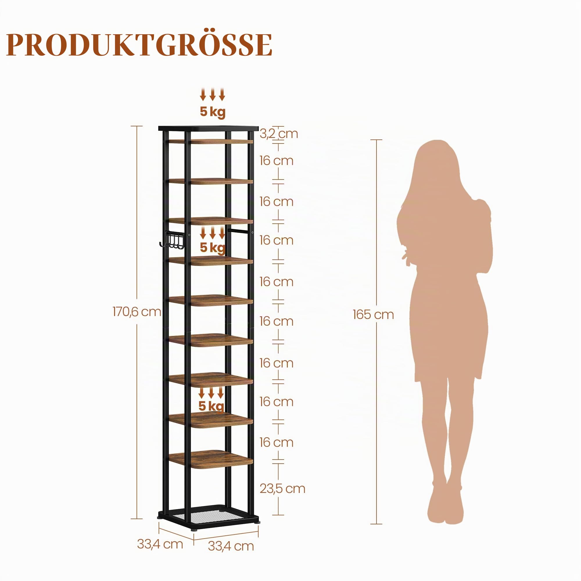 HEXCELEN Vertikales Schuhregal, 10 Ebenen Schuhregal, Braun und Schwarz
