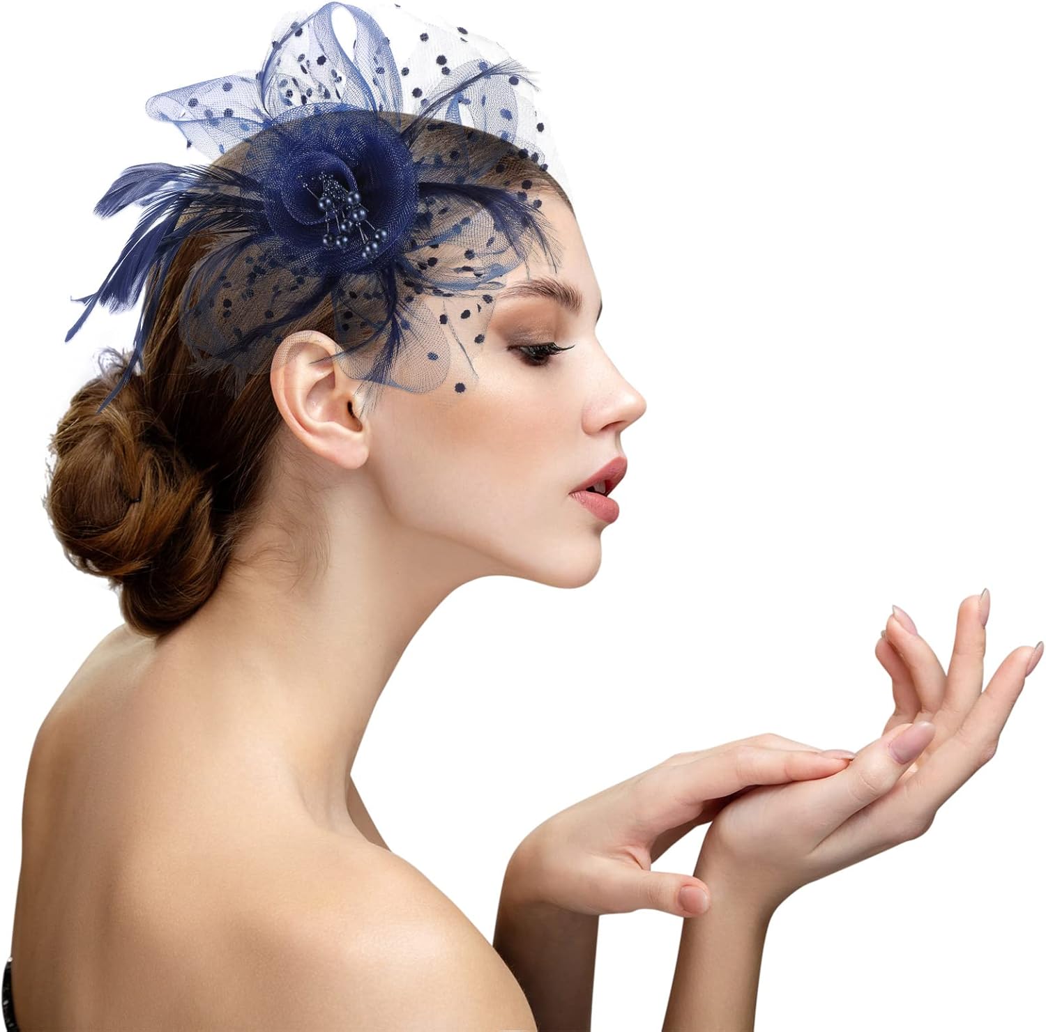 Geosar Cappello Fascinator Blu da Donna con Fiore Piuma e Velo a Rete