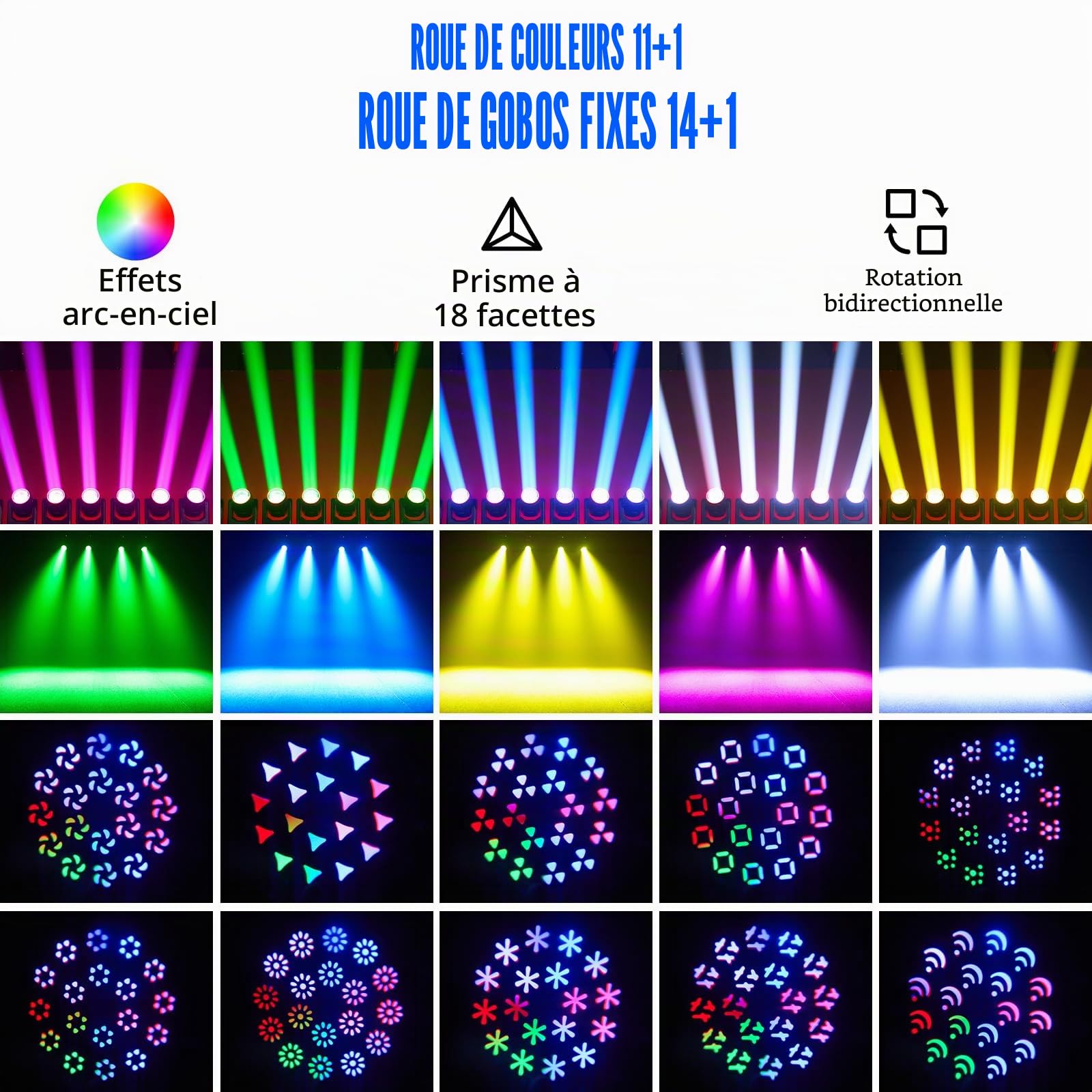 Lyre LED Beam 200W, Zoom Électronique 18 Prismes 11+1 Couleurs et 14+1 Motifs Effet D'atomisation LED RGB d-mx512 (16CH) pour Scène Mariage DJ Fête de Noël