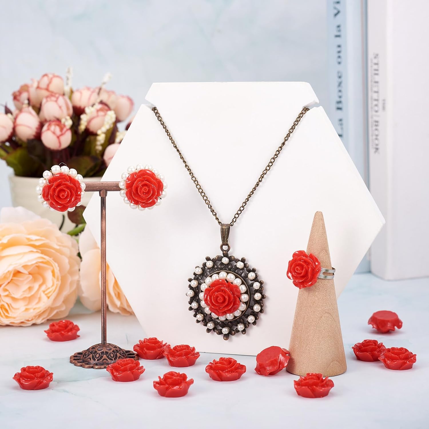 Craftdady 50pcs Red Rose Flower Resin Cabochons 20mm Flatback Undrilled Floral Cameos for Scrapbooking DIY Crafts Wedding Decors - Image 3