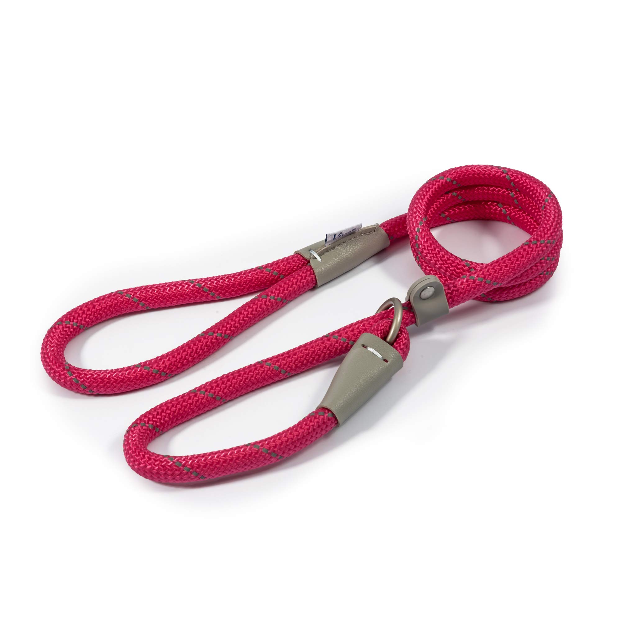 Ancol Viva Reflective Rope and Leather Slip Dog Lead - Pink - Lightweight Weatherproof Durable Puppy Training Accessory - 1.5m x 12mm
