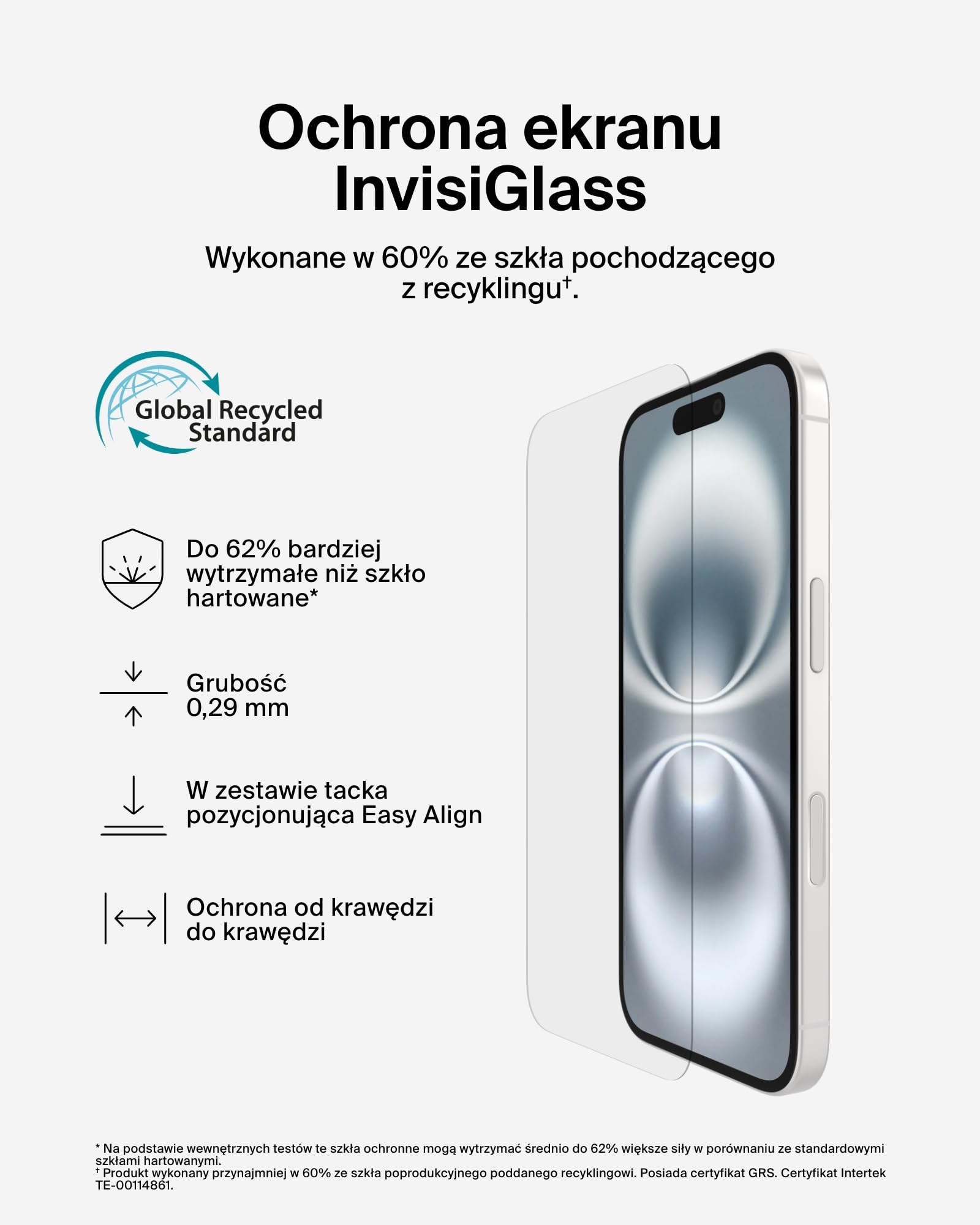 Belkin ScreenForce InvisiGlass szkło ochronne do iPhone 16, tacka Easy Align ułatwiająca nakładanie, wykonane ze szkła z recyklingu, folia ochronna do iPhone 16, iPhone 15 i iPhone 14 Pro