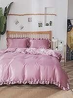 Vista 9 de Juego de funda de edredón sedosa de satén similar a la seda, color rosa rubor con estampado de satén con volantes rosados, 1 funda de edredón y 2