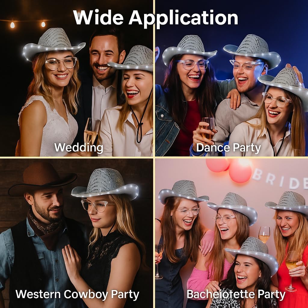 Lnrueg 20 PCS Cowboy Cowgirl LED Flashing Light Hats Glasses, Cowboy Hats and Heart Star Glasses for Western Cowboy Costume Role Play Xmas, Cosplay Sequin Hats - Image 7