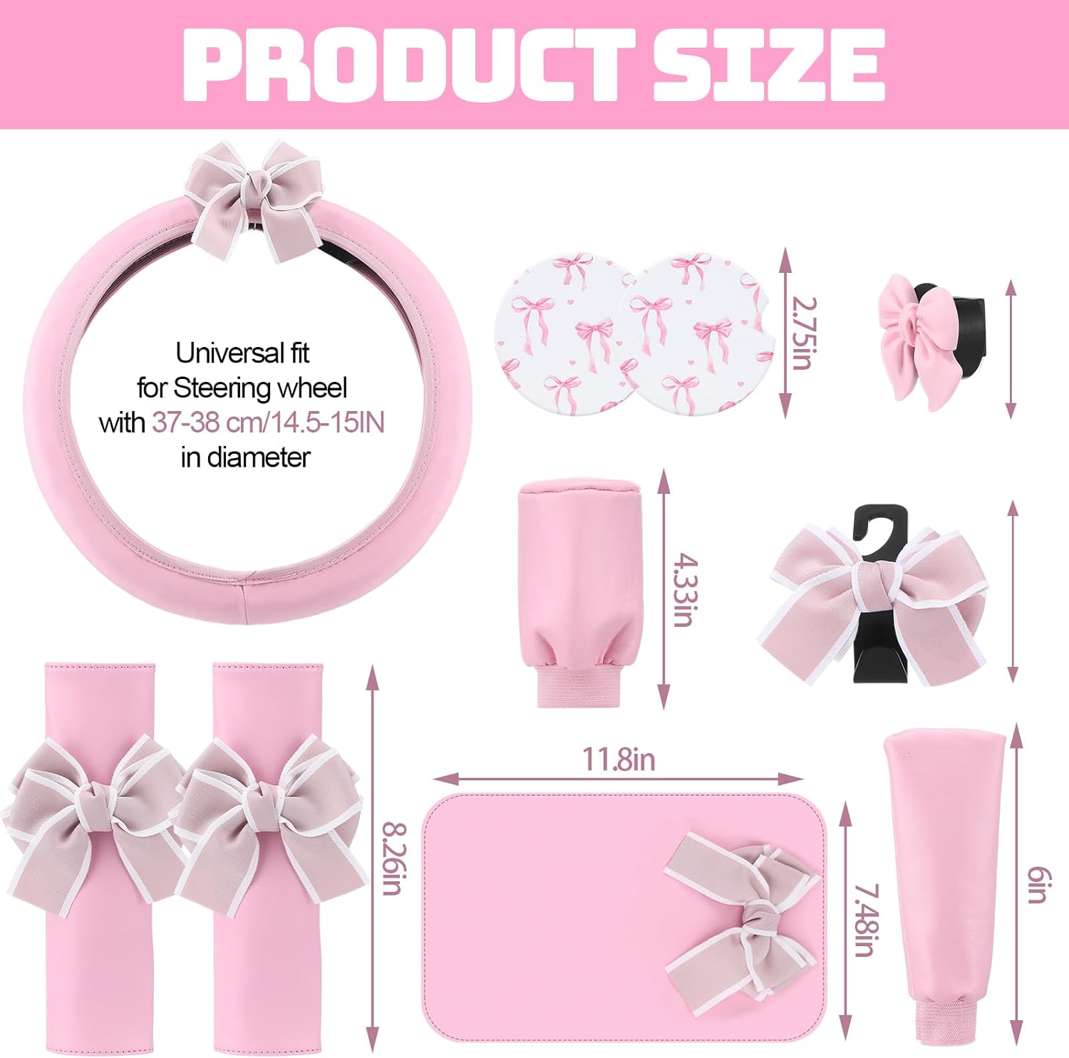 24 Pcs Pink Bow Car Seat Cover Full Set for Front Rear Seat Pink Leather Steering Wheel Cover Safe Belt Decor Car Coaster Bow Hook Air Vent Clip Automotive Air Conditioner Decoration Strip