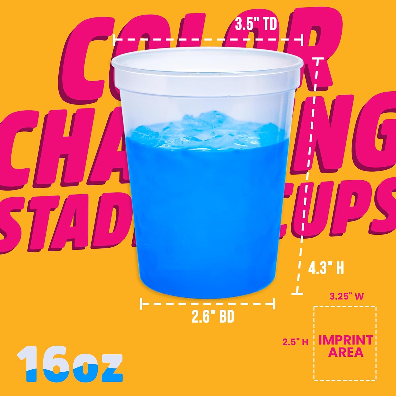 16oz Color Changing Stadium Cups with Custom One-Color Imprint for Parties & Events (Natural To Blue, 50 Cups)
