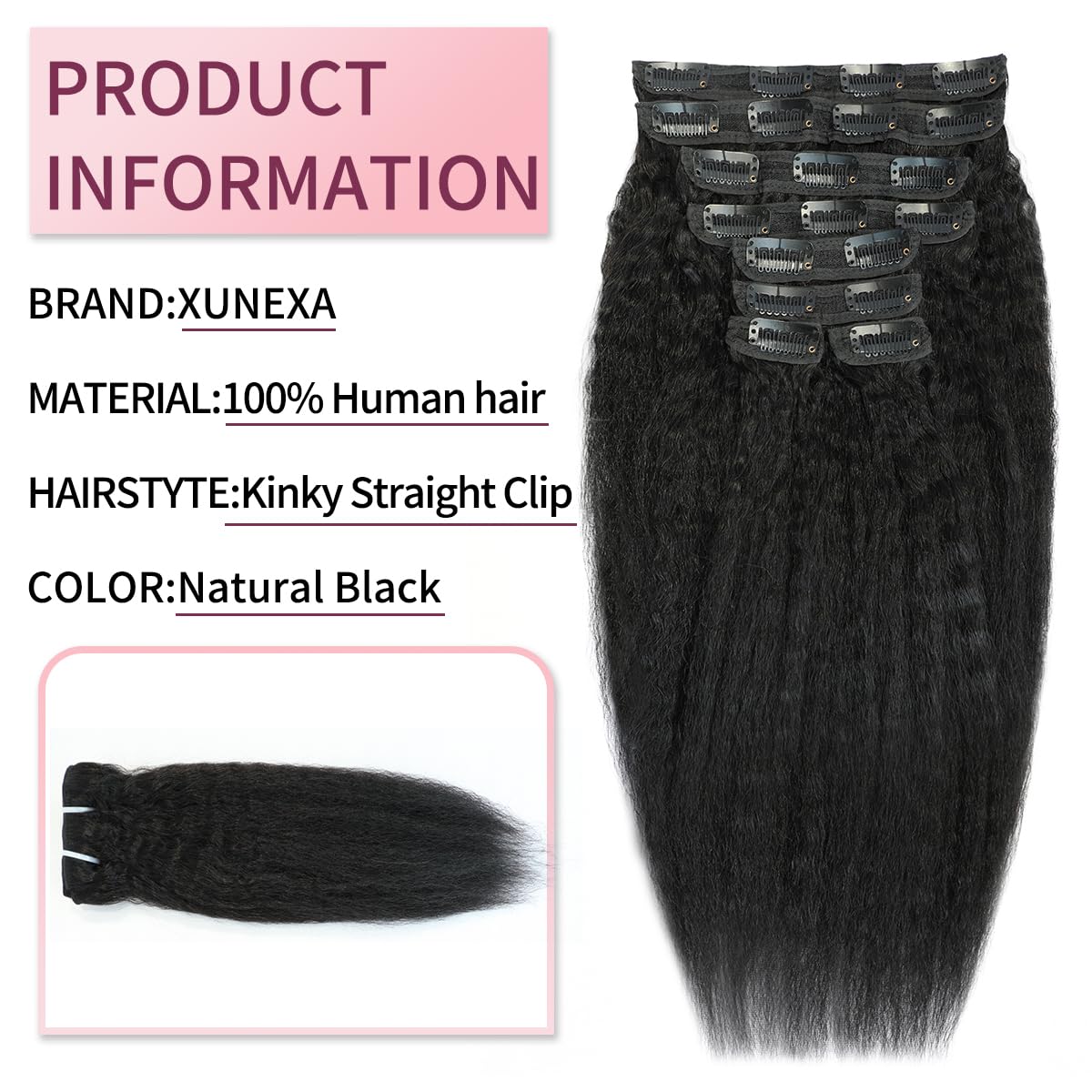 18 Inch Kinky Straight Clip in Hair Extensions Real Human Hair Yaki Straight Clip ins Full Head Brazilian Remy Human Hair Clip in Extensions for Black Women Natural Black 8Pcs 100g 20 Clips - Image 2