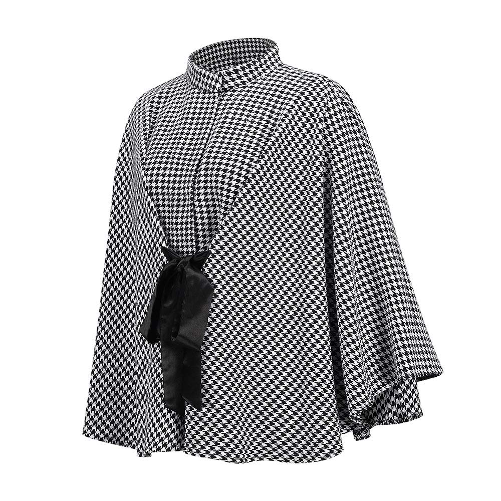 utcoco Womens Plaid Tweed Blazer Coat Mock Neck Tie Cloak 2024 Fashion Tops