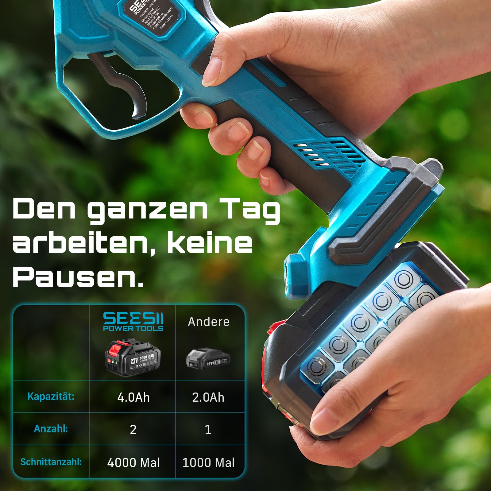 SEESII Akku Astschere 40 mm – Elektrische Gartenschere mit 2 * 4000 mAh Akkus, SK5-Klinge, Bürstenlosem Motor, LCD-Anzeige, Für Obstgärten, Landschaftspflege und Professionelle Gartenarbeiten, CS440