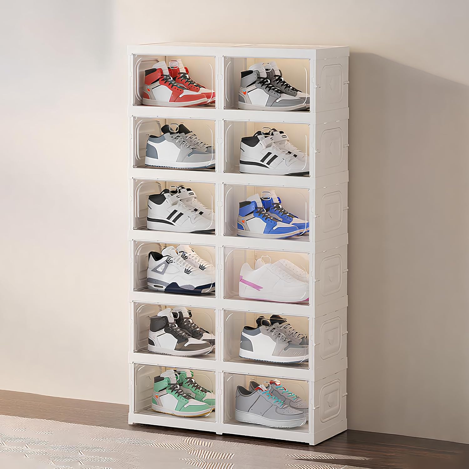 X-Large Foldable Shoe Rack Organizers Plastic Stackable Shoes Storage Boxes Sneaker Container Bin Holder with Lids for Entryway, Closet 6 Tier - 27.6" W Hold 12 Pairs