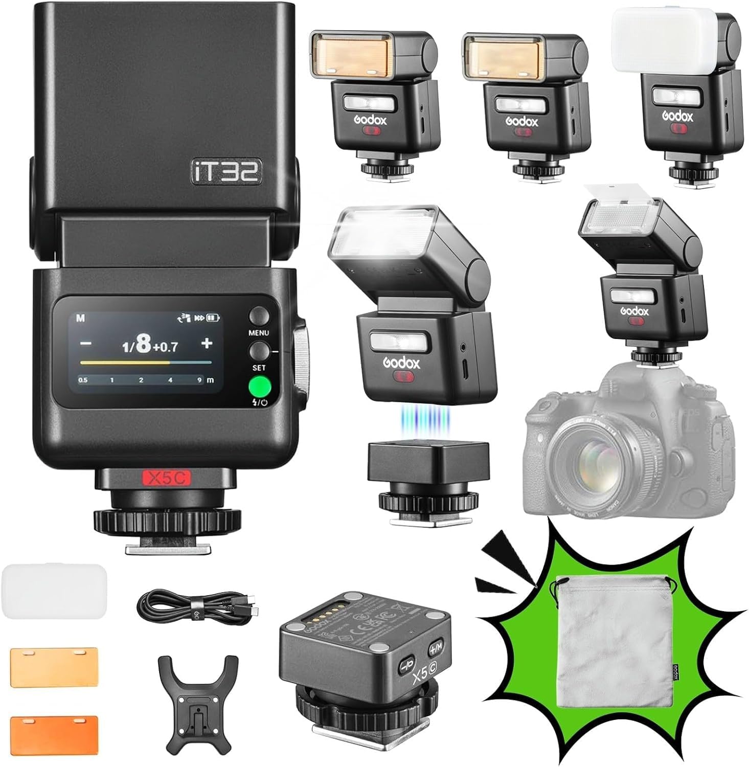 Godox iT32 TTL Mini Flash con Disparador X5C para Canon, Flash de Cámara 2.4GHz HSS 1/8000s, Zapata Caliente Magnética, Compatible con Canon EOS R6 Mark II R5 Mark II R6 R5 R8 R7 R10 R100 R RP 90D M50