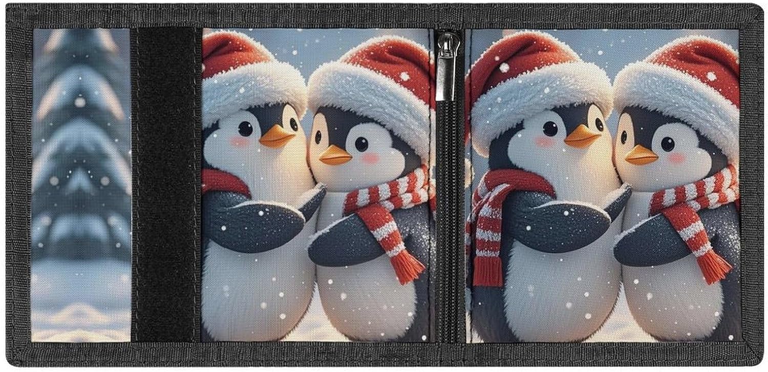 Trifold Canvas Wallet with Keychain, Modern Fashion Credit Card Holder Wallet for Men Women, Embracing Penguins Slim Wallets W/Zipper Coin Pocket, Novelty Birthday Gift