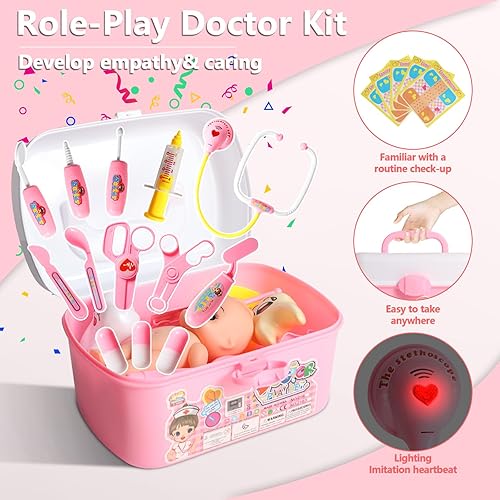 Miniatura 7 de Kit de médico para niños, 40 piezas de juguetes de simulación, juego de médico rosa para niños con disfraz de médico, regalo de juego de doctor para
