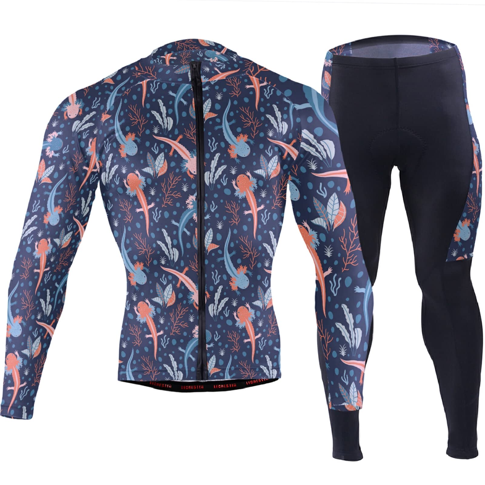 Axolotl Coral Reef Sea Plants in Red and Blue Shades on Dark Blue Men Cycling Jersey Clothes Long Padded Pants Sets Quick Dry Bike Riding Shirts Clothes Long Sleeve Outfit Full Zipper Jacket(M)