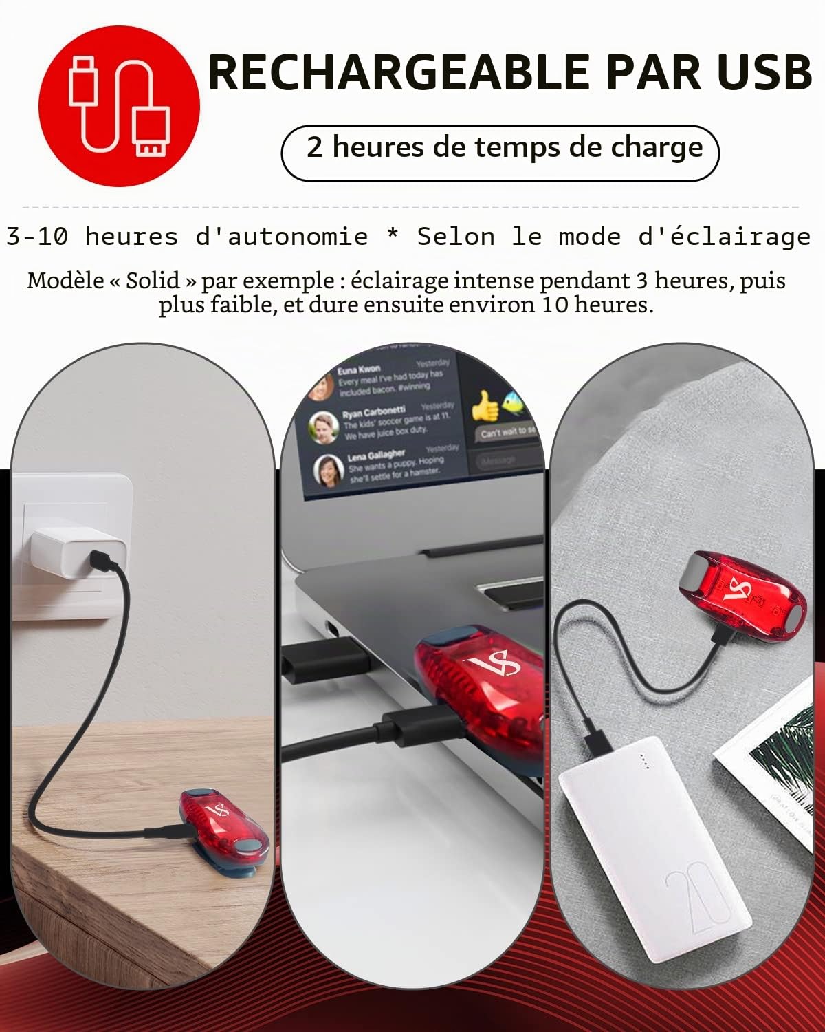 VICKSONGS Cartable à 2 LED Clignotantes - Rechargeable par USB - Pendentif LED - Lumière Clignotante pour vélo, Casque, Cartable - Lumière de sécurité