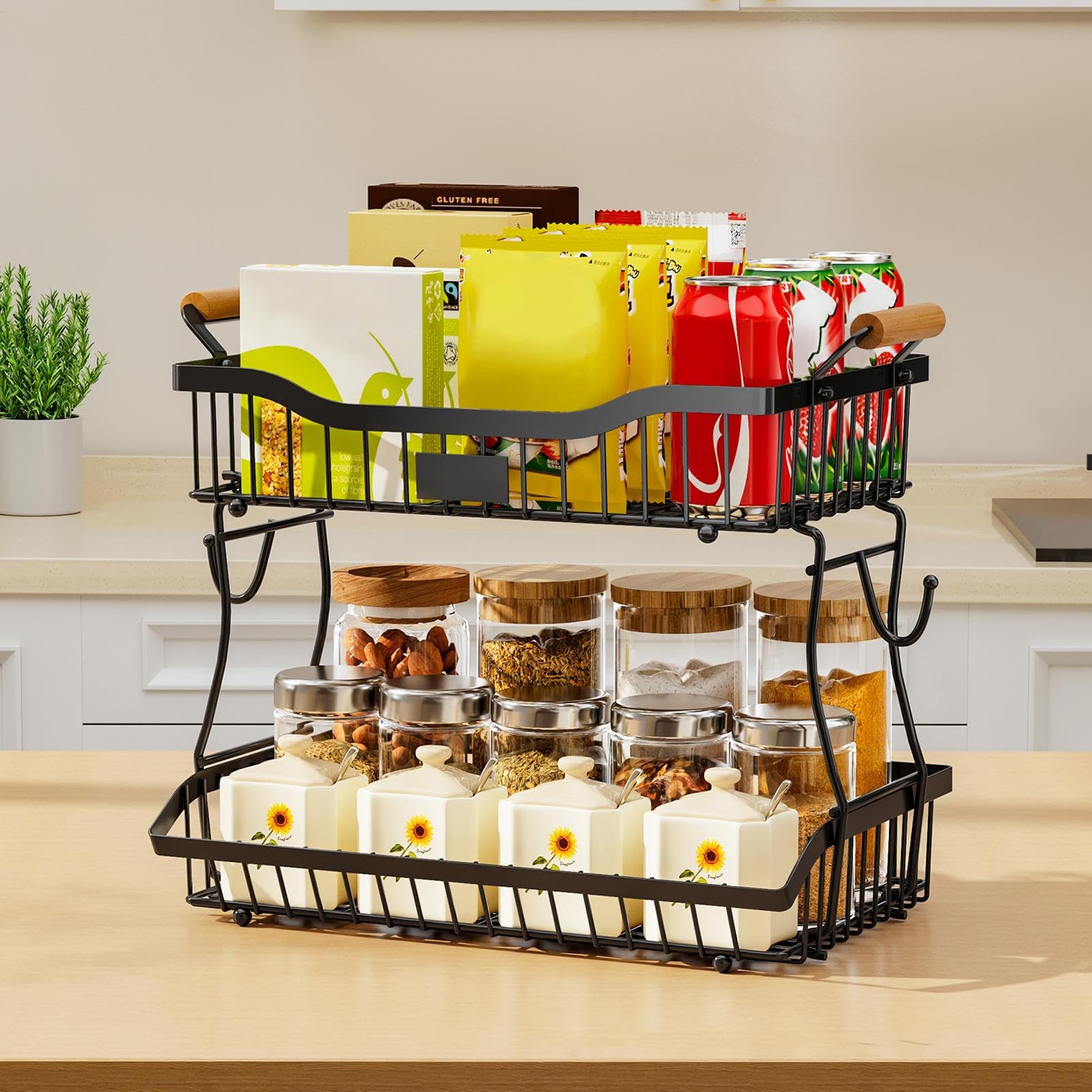 para la Cocina Soporte 2 Niveles Alimentos | Organizador Pan que Ahorra Espacio Para Frutas, Verduras, Aperitivos, Pan, Despensa, Oficina, Encimera, Cocina, Centro De