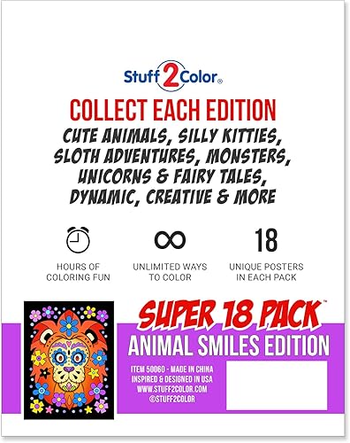 Miniatura 7 de Stuff2Color Paquete de 18 pósteres de terciopelo mullido para colorear (sonrisas de animales), artes y manualidades para niñas y niños, ideal para