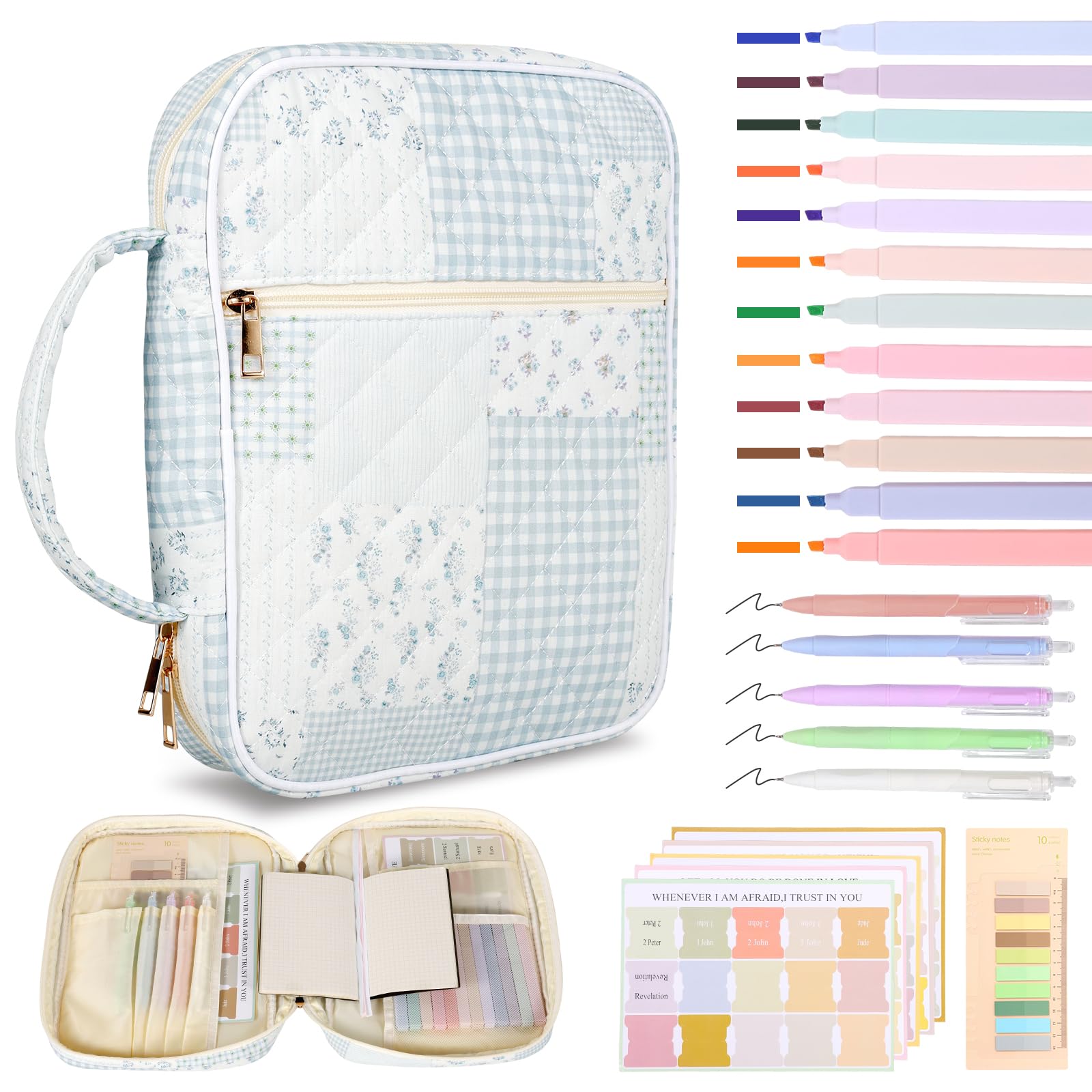 Bible Study Bags for Women, Bible Cover Case with Colored Pens, Bookmarks, and Sticky Notes, Soft Pure Cotton Multifunctional Floral Bibles Carrier for Friends Women Study(Blue)