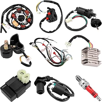 HOOTO Complete Wiring Harness kit for ATV Quad 4 Stroke 50cc 70cc 90cc 110cc 125cc Pit Quad Dirt Bike Go Kart Quad Wire Harness Complete Electrics Stator Coil CDI Solenoid Relay Spark Plug, Lead